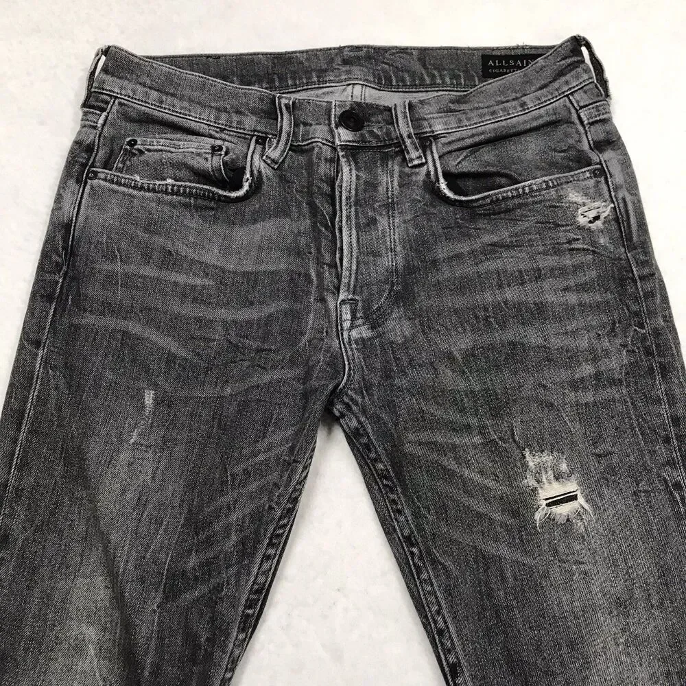 ALL SAINTS Raveline Cigarette Jean Men 30x32 Gray Distress Taper Stretch Denim